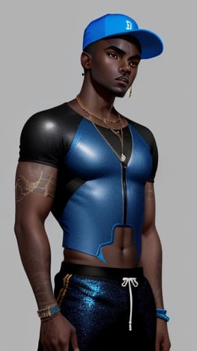  dark skin male with short black low cut fade covered in metallic blue body paint wearing a black sideways baseball cap, masterpieces, top quality, best quality, official art, beautiful and aesthetic, realistic, 4K, 8K