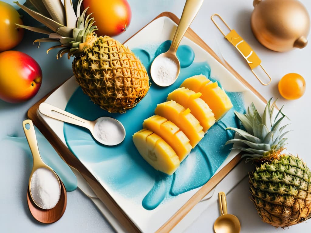  A beautifully arranged flat lay image featuring vibrant tropical fruits such as pineapple, coconut, and mango, alongside elegant gold and turquoise kitchen utensils like measuring spoons, whisks, and cookie cutters, all set against a clean white backdrop. The harmonious blend of natural elements and metallic accents exudes a sense of sophistication and tropical flair, perfectly capturing the essence of decorating desserts with a Moanainspired theme. hyperrealistic, full body, detailed clothing, highly detailed, cinematic lighting, stunningly beautiful, intricate, sharp focus, f/1. 8, 85mm, (centered image composition), (professionally color graded), ((bright soft diffused light)), volumetric fog, trending on instagram, trending on tumblr, HDR 4K, 8K