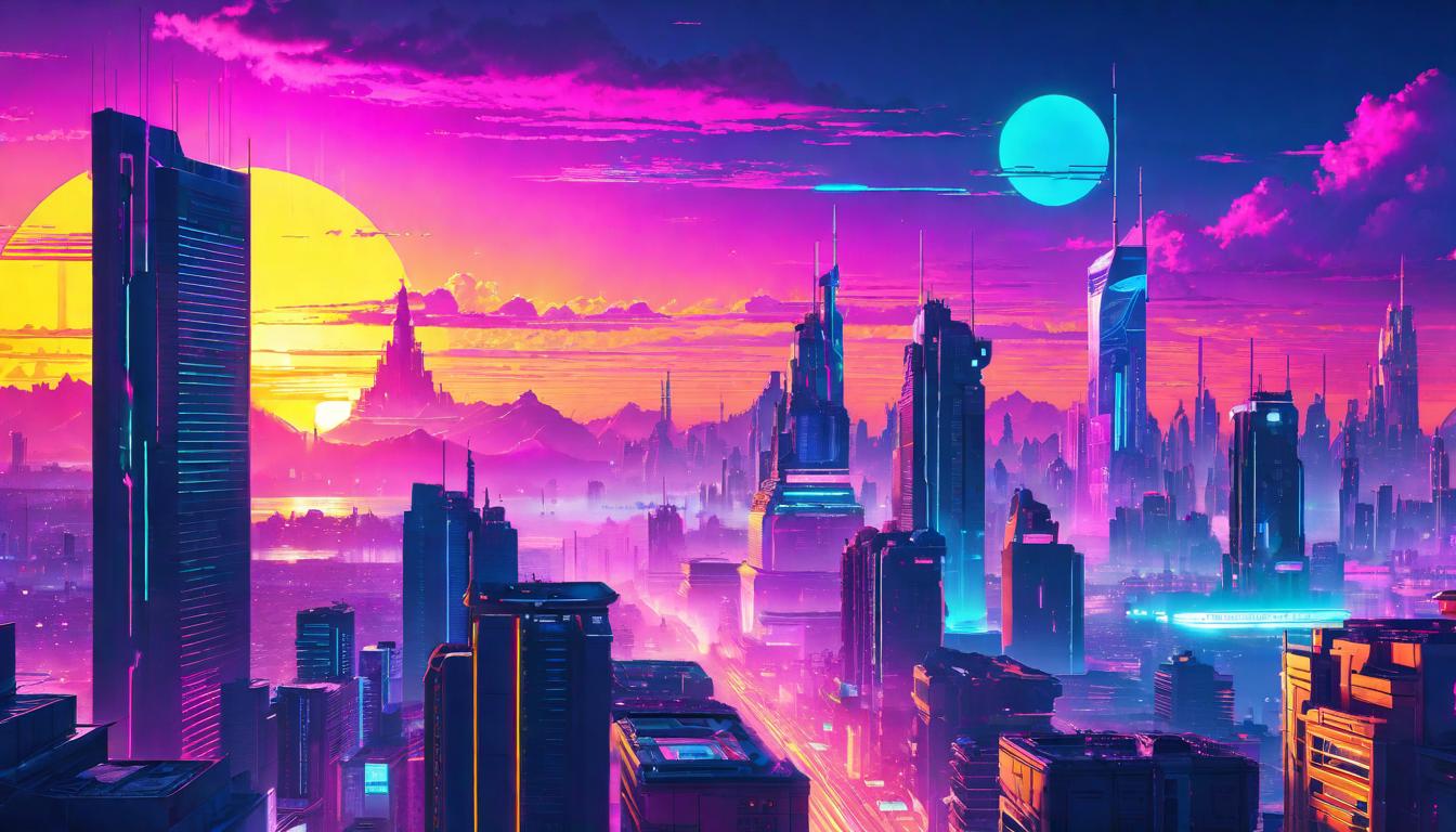  vaporwave,cyberpunk game style Sunrise casting golden hues over a quiet city, awakening to the promise of positivity and the practice of seeing the good.eon, dystopian, futuristic, digital, vibrant, detailed, high contrast, reminiscent of cyberpunk genre video games,retro aesthetic, cyberpunk, vibrant, neon colors, vintage 80s and 90s style, highly detailed