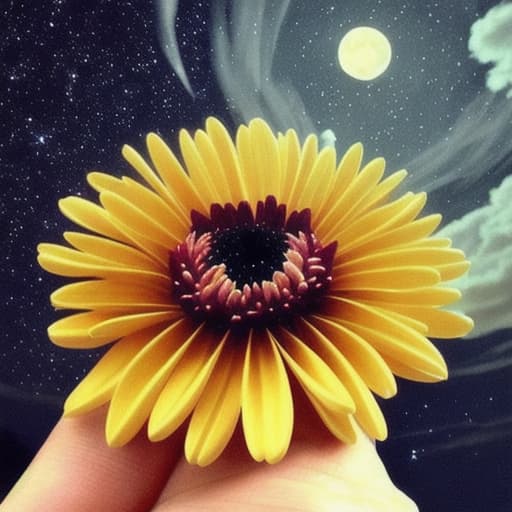  in the outstretched hand is a chrysanthemum flower. night. moon. stars. the clouds. pain. a broken heart. an obsession.