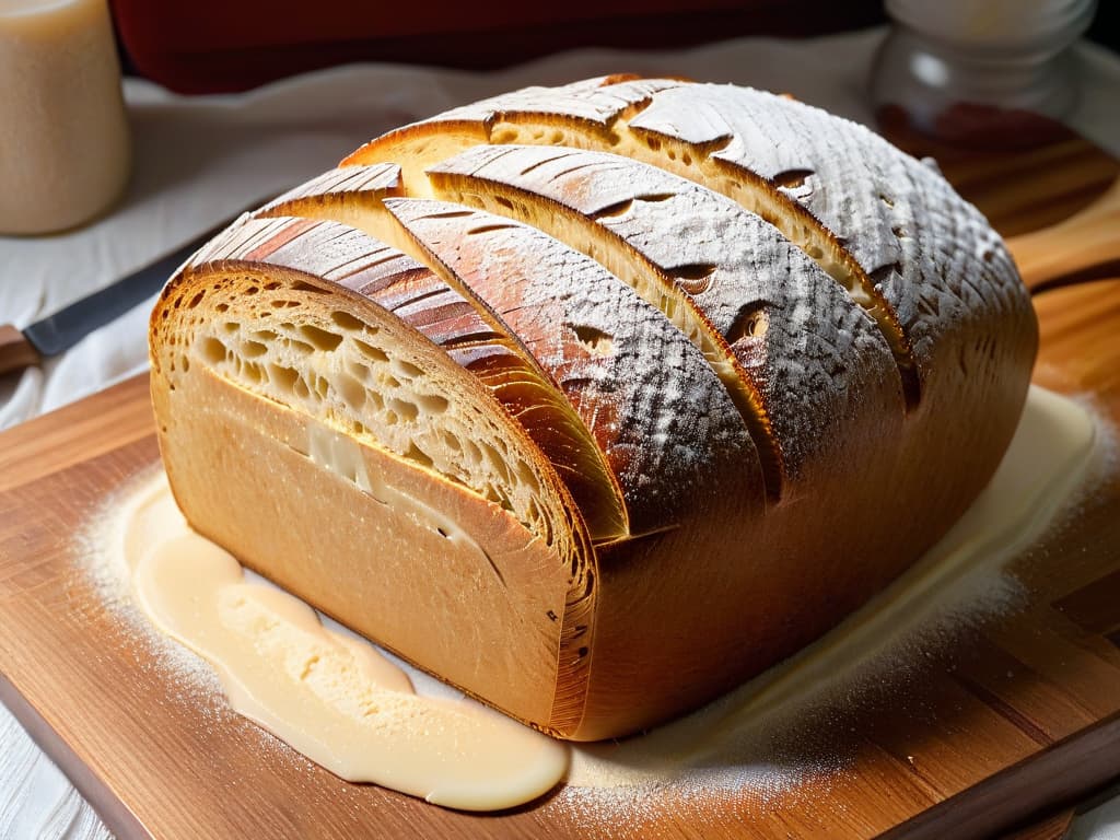  A closeup, ultradetailed image of a perfectly goldenbrown sourdough loaf with intricate scoring patterns on its crust, placed on a rustic wooden cutting board. The loaf is surrounded by scattered flour, a few wheat stalks, and a vintage kitchen knife with a wooden handle. The lighting is soft, casting gentle shadows to highlight the textures of the crust and the grains of flour. This detailed shot conveys the artistry and craftsmanship involved in using sourdough starter in baking, appealing to artisanal baking enthusiasts and those interested in the creative applications of sourdough in pastry making. hyperrealistic, full body, detailed clothing, highly detailed, cinematic lighting, stunningly beautiful, intricate, sharp focus, f/1. 8, 85mm, (centered image composition), (professionally color graded), ((bright soft diffused light)), volumetric fog, trending on instagram, trending on tumblr, HDR 4K, 8K