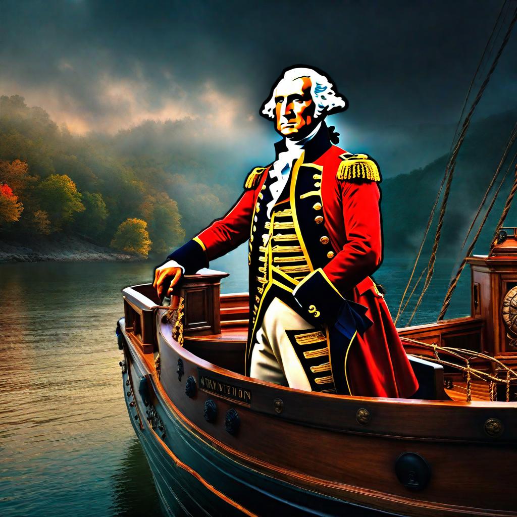  george washington on a boat hyperrealistic, full body, detailed clothing, highly detailed, cinematic lighting, stunningly beautiful, intricate, sharp focus, f/1. 8, 85mm, (centered image composition), (professionally color graded), ((bright soft diffused light)), volumetric fog, trending on instagram, trending on tumblr, HDR 4K, 8K