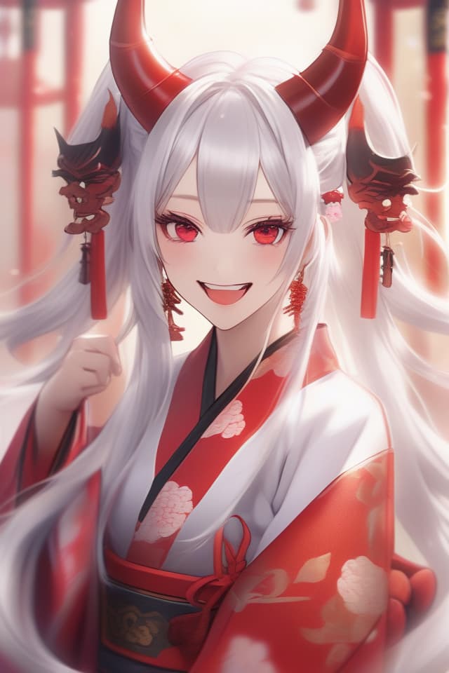  White hair,demon,red horns,beautiful girl,beautiful,long hair,kimono,red kimono,strong look,fangs,red eyeshadow,invincible smile、(absurd detailed:1.4、best quality:1.4、masterpiece:1.4)、