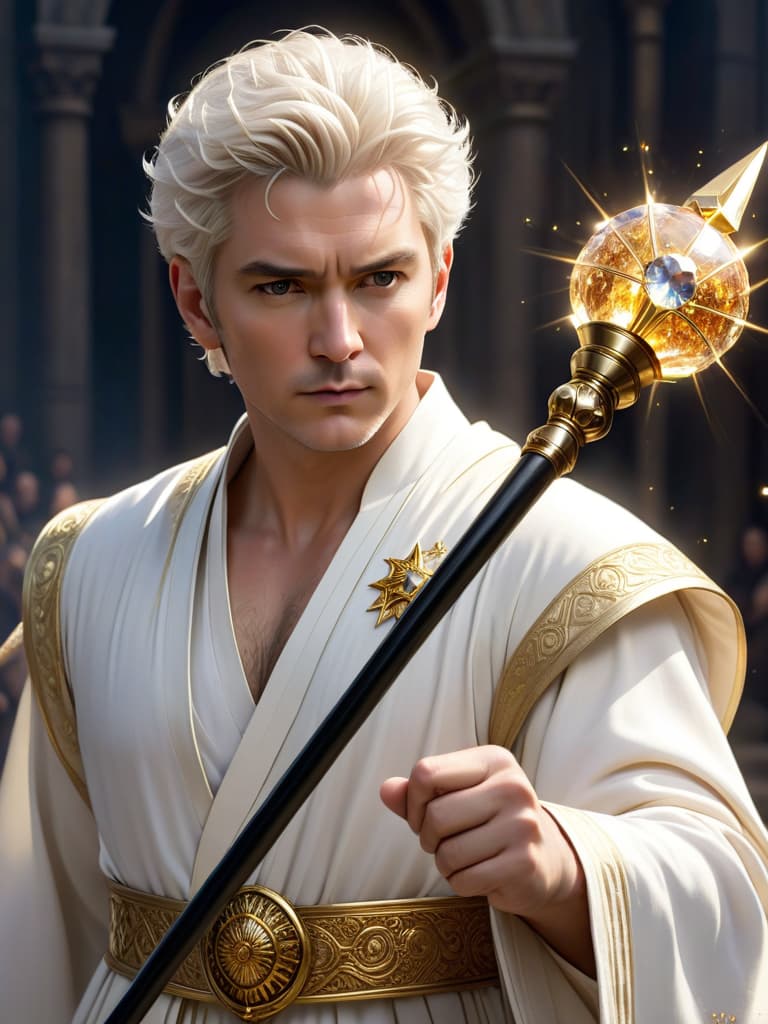  masterpiece, best quality, official art, extremely detailed cg 8k, award winning, professional, highly detailed, breathtaking masterpiece, best quality, official art, extremely detailed cg 8k, award winning, professional, highly detailed, fullbody shot of a white man in his 30s with short white hair in white flowing robes holding golden staff with a small clear crystal at the top and he is also holding a black mace in his other hand. light magic is exploding from him as if he were a star.