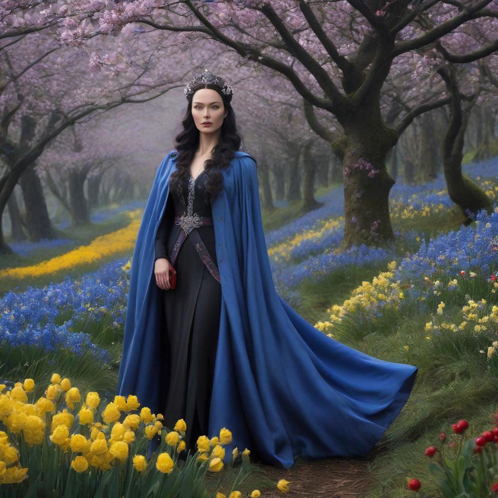  Luthien Tinuviel. A very pretty girl. Forest, silver crown on her forehead, blue coat. ((Sparkling rim)): spring field, hyacinths, roses, rosehips, rose hips, peonies, cherry tree, yellow, red, black flowers, forget me nots. hyperrealistic, full body, detailed clothing, highly detailed, cinematic lighting, stunningly beautiful, intricate, sharp focus, f/1. 8, 85mm, (centered image composition), (professionally color graded), ((bright soft diffused light)), volumetric fog, trending on instagram, trending on tumblr, HDR 4K, 8K