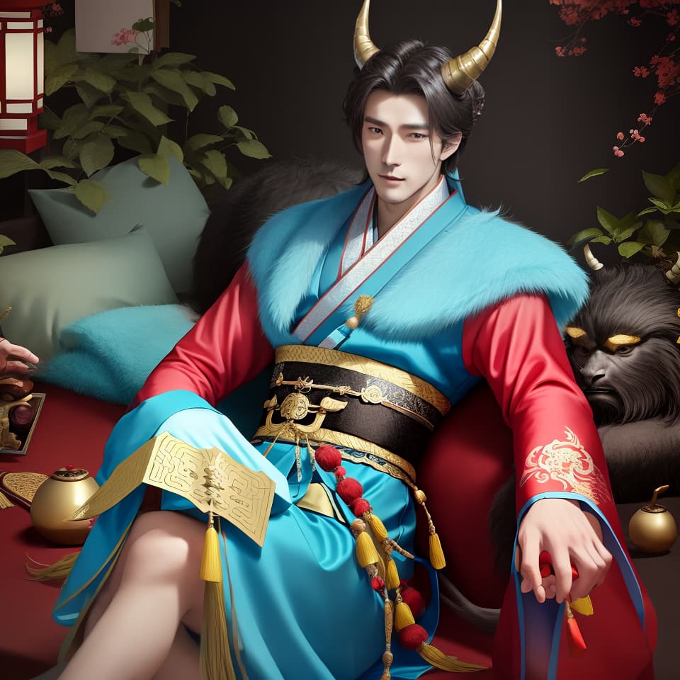  Chinese fairy style, handsome guy, ancient people, occupation: horned monster, monster, Hanfu