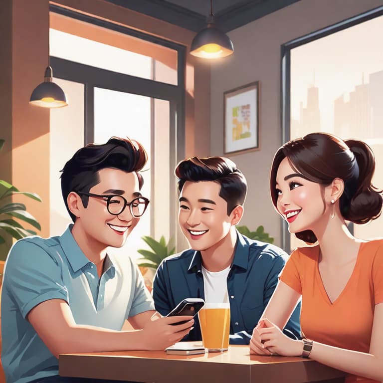  Image style: Realistic
Illustration style: None
Character: Two men and one woman.
Place: Bright indoor setting.
Action: They are sitting together, having a conversation and laughing. They are all holding smartphones.
Speech Bubble: "Getting closer through conversation."
Object Decoration: None
Facial expression: They are all smiling and engaged in the conversation.
Camera Style: Medium shot
Lighting Style: Bright indoor lighting..
Requirements:highly detailed, (best quality), highres, intricate details, Multi-Layered Textures, masterpiece. hyperrealistic, full body, detailed clothing, highly detailed, cinematic lighting, stunningly beautiful, intricate, sharp focus, f/1. 8, 85mm, (centered image composition), (professionally color graded), ((bright soft diffused light)), volumetric fog, trending on instagram, trending on tumblr, HDR 4K, 8K