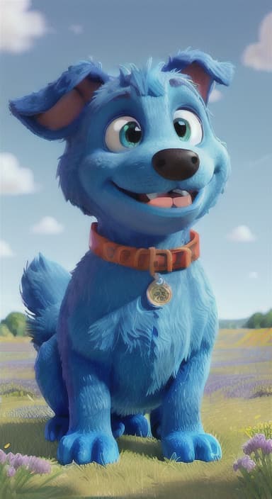  {A happy, big blue dog wagging its tail in a colorful meadow, The big blue dog is large with sky blue fur, big round eyes, a black nose, and floppy ears.