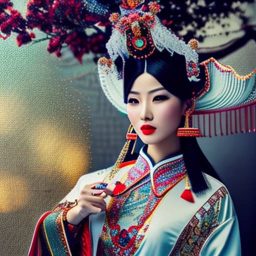 wa-vy style Young fierce Chinese woman in traditional Chinese clothes against the background of a clearing full length hyperrealistic, full body, detailed clothing, highly detailed, cinematic lighting, stunningly beautiful, intricate, sharp focus, f/1. 8, 85mm, (centered image composition), (professionally color graded), ((bright soft diffused light)), volumetric fog, trending on instagram, trending on tumblr, HDR 4K, 8K