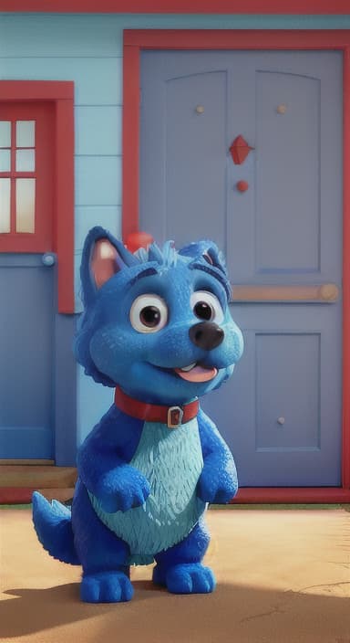  {Max the big blue dog standing in front of a cozy little house with a red door, The big blue dog is large with sky blue fur, big round eyes, a black nose, and floppy ears.