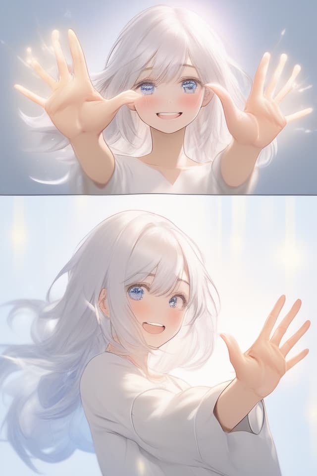  Masterpiece,one woman,(((Spread five fingers)))1.2,(((Anatomically accurate fingers1.2))),(((hands held out in front))),(((palms in front))),warm light particles gathering in palms,delicate silvery white hair color,shiny hair color,blue delicate eye color,pretty,((( gently smiling))),simple white clothes,pale gentle tint,soothing,saint,super analysis,super image quality,super sensitive,high quality,16K