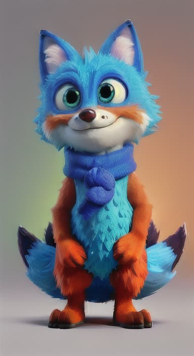  {Error the fox pressing the blue button with his paw, looking puzzled as nothing occurs., Error is a small, bright orange fox with a fluffy tail and big, inquisitive eyes. He has a mischievous yet kind expression and wears a tiny green scarf.