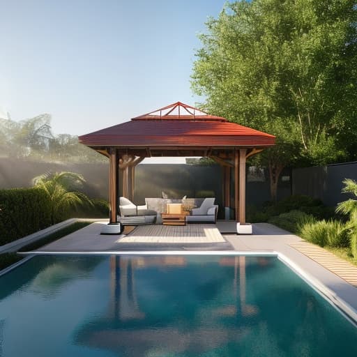 redshift style a modern pergola with half of front covered for privacy and waterproof roof hyperrealistic, full body, detailed clothing, highly detailed, cinematic lighting, stunningly beautiful, intricate, sharp focus, f/1. 8, 85mm, (centered image composition), (professionally color graded), ((bright soft diffused light)), volumetric fog, trending on instagram, trending on tumblr, HDR 4K, 8K