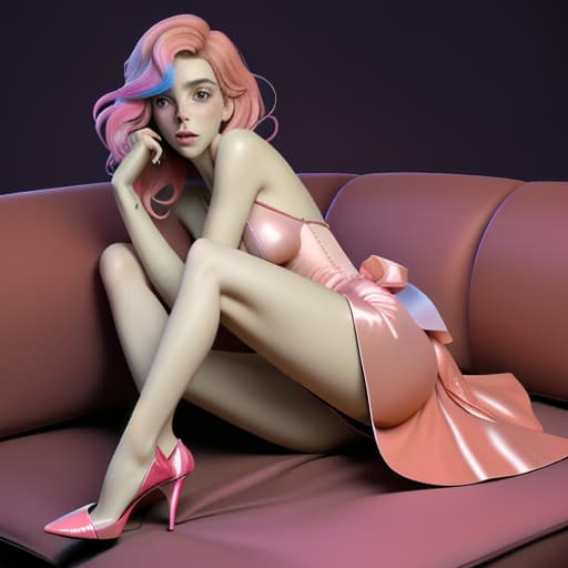  Vanessa Kirby lying at her side on the couch wearing transparant evening pink and blue mixed coloured silk short dress showing long legs in red high heel shoes,wearing lingerie,one arm on the hip