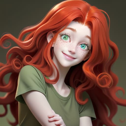  a beautiful girl with freckles, long curly red hair and beautiful big green eyes smiling