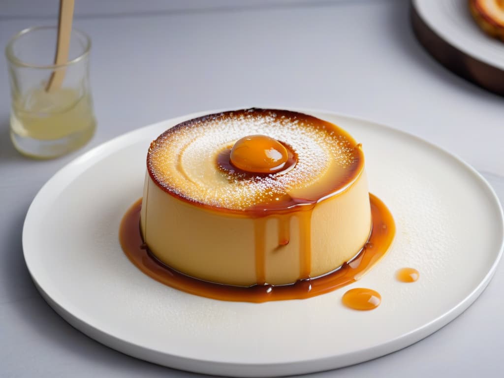  A minimalist yet detailed closeup image of a perfectly caramelized Quesillo Venezolano, showcasing its smooth texture, golden hue, and a subtle glaze of syrup dripping down the sides. The flan sits on a simple, elegant white plate, with a soft focus background that hints at a modern kitchen setting, emphasizing the richness and indulgence of this beloved Venezuelan dessert. hyperrealistic, full body, detailed clothing, highly detailed, cinematic lighting, stunningly beautiful, intricate, sharp focus, f/1. 8, 85mm, (centered image composition), (professionally color graded), ((bright soft diffused light)), volumetric fog, trending on instagram, trending on tumblr, HDR 4K, 8K