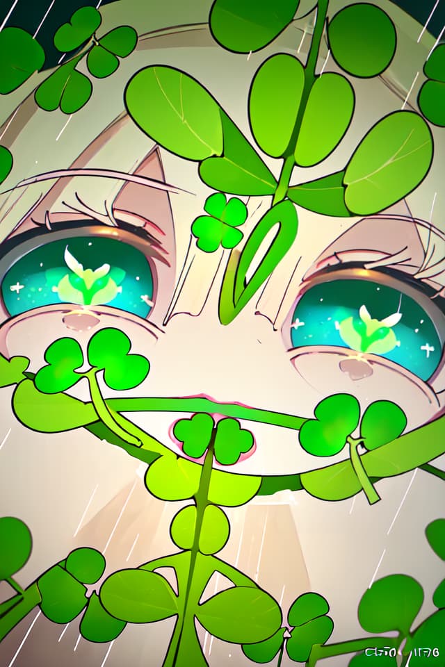  (Looking into the clover) (Iver a Four Leaf Clover) ((Angle from Below)) (Close up of the upper body), (Beautiful Girl) Ver) (IN THE Rain) High Quality, 8k