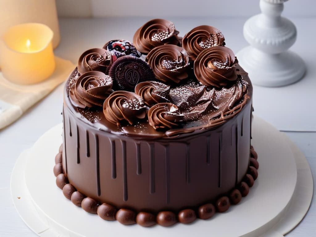  A closeup, ultradetailed image of a rich, velvety dark chocolate ganache being meticulously drizzled over a decadent chocolate cake by skilled hands. The glossy ganache cascades down the sides of the cake in a mesmerizing pattern, showcasing the luxurious texture and intense flavor of Fair Trade chocolate. The intricate swirls and drips of the ganache create a visually striking contrast against the smooth surface of the cake, highlighting the artistry and indulgence of using Fair Trade chocolate in culinary creations. hyperrealistic, full body, detailed clothing, highly detailed, cinematic lighting, stunningly beautiful, intricate, sharp focus, f/1. 8, 85mm, (centered image composition), (professionally color graded), ((bright soft diffused light)), volumetric fog, trending on instagram, trending on tumblr, HDR 4K, 8K