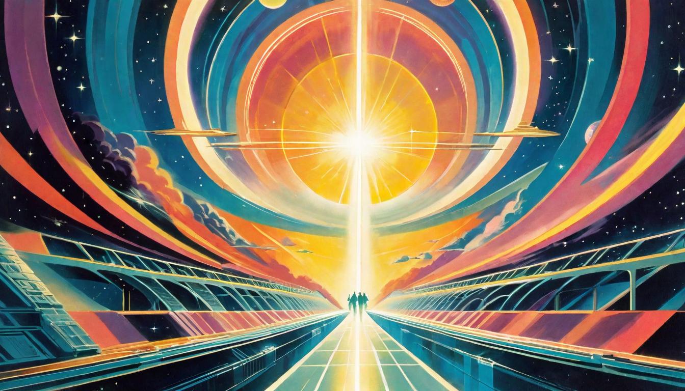  retro futuristic a bridge of light spanning between Earth and a luminous celestial body, human figures traversing, interplay of light and shadow, fusion of earthly and divine, a gateway between realms lvintage sci fi, 50s and 60s style, atomic age, vibrant, highly detailed