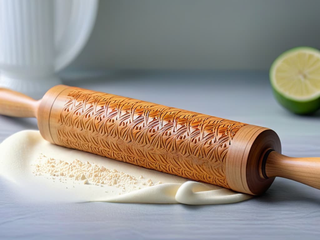  An ultradetailed closeup image showcasing the intricate grain patterns of a polished maple wood rolling pin, capturing the natural variations and rich tones of the wood. The image is focused on the handle, highlighting the smooth curves and the expert craftsmanship, with soft lighting enhancing the depth and texture of the wood. hyperrealistic, full body, detailed clothing, highly detailed, cinematic lighting, stunningly beautiful, intricate, sharp focus, f/1. 8, 85mm, (centered image composition), (professionally color graded), ((bright soft diffused light)), volumetric fog, trending on instagram, trending on tumblr, HDR 4K, 8K