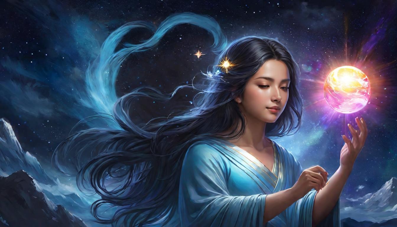  digital painting of An enlightened figure, holding a luminous sphere, rays of light emanating from the sphere, serene facial expression, background of starry night, a blend of mystical aura and wisdom, ethereal and serene looking at viewer, dynamic pose, (intricate details, masterpiece, best quality)