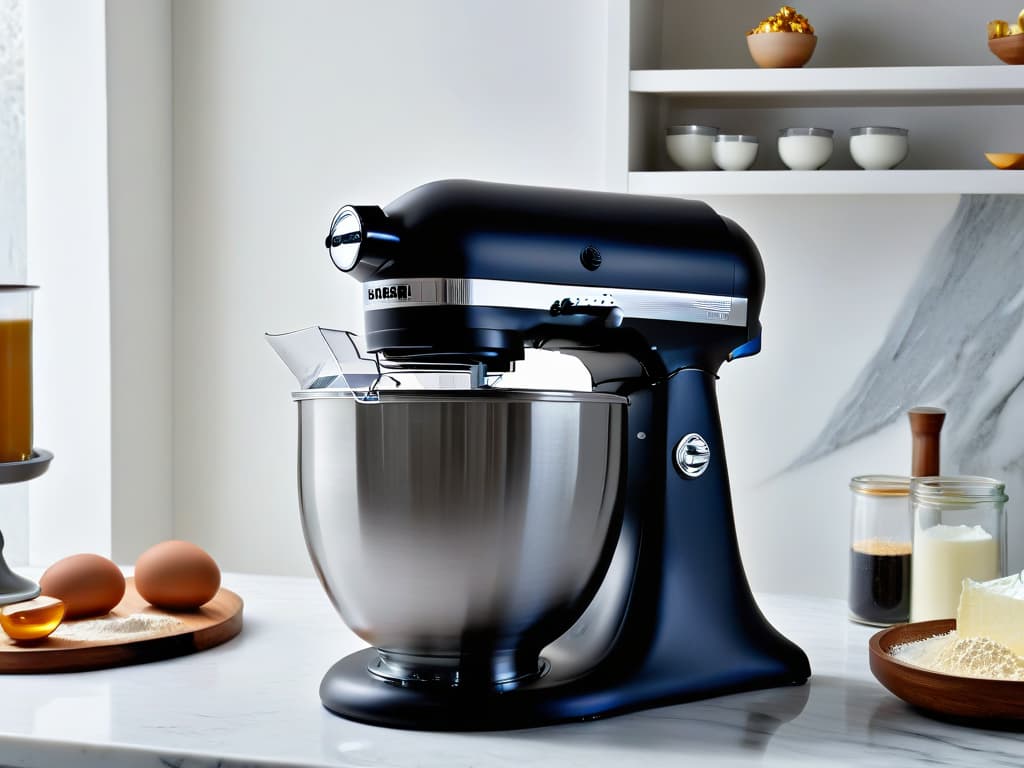  An ultradetailed image of a sleek, modern stand mixer with a matte black finish, featuring a powerful motor and a digital display panel. The mixer is surrounded by various baking ingredients such as flour, eggs, and sugar, all neatly arranged on a marble countertop. The lighting is soft and natural, highlighting the elegance and functionality of the mixer. hyperrealistic, full body, detailed clothing, highly detailed, cinematic lighting, stunningly beautiful, intricate, sharp focus, f/1. 8, 85mm, (centered image composition), (professionally color graded), ((bright soft diffused light)), volumetric fog, trending on instagram, trending on tumblr, HDR 4K, 8K