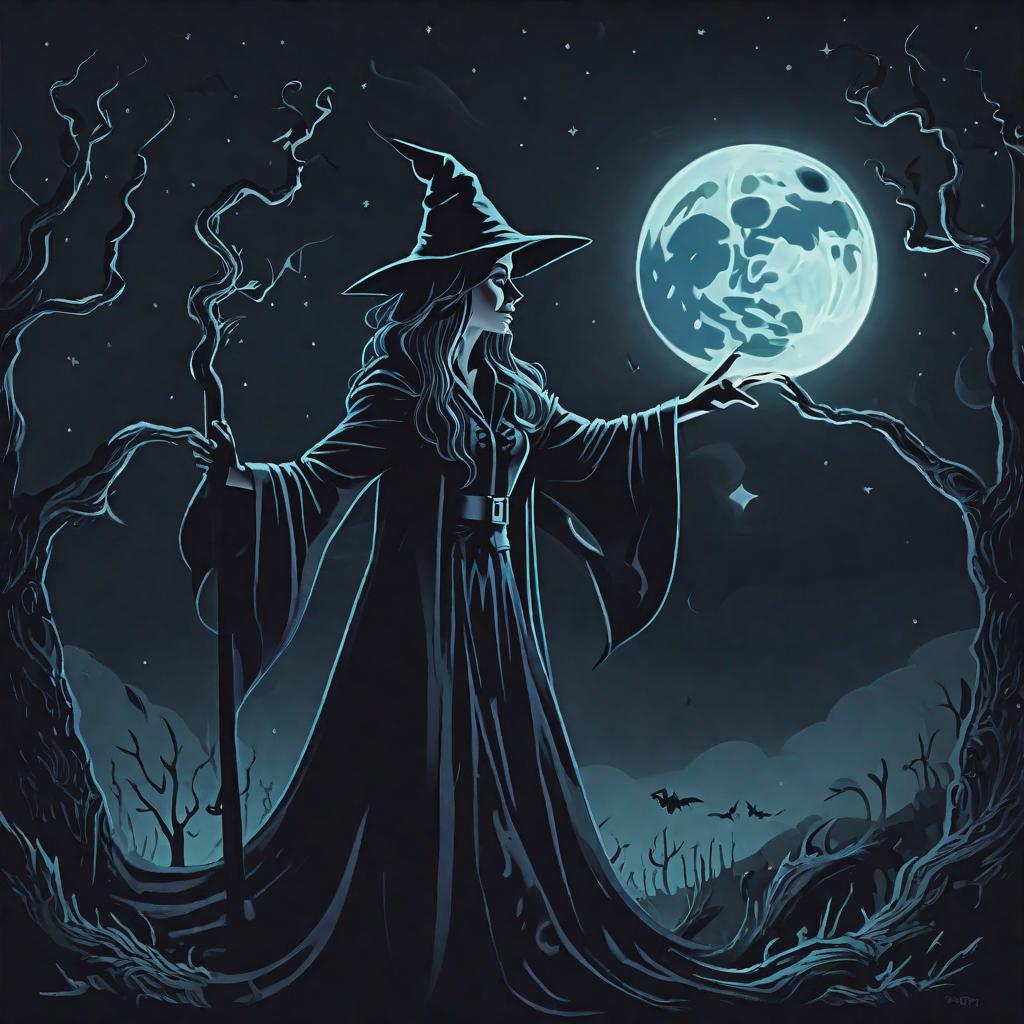  Illustrate a witch casting a spell with the moonlight illuminating her face on Hexennacht.