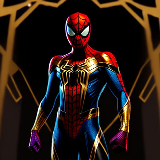  Glossy, metallic spider-man suit which is mostly black but with gold web lining