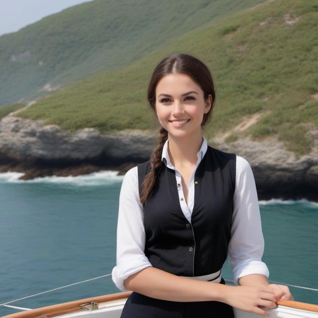  A fisherman girl stands on the deck of a one-masted sailboat. The physique is thin. the face has sharp features. The girl grins haughtily. short sleeveless shirt, black canvas trousers, hair tied with a black ribbon. In the left hand there is a harpoon.