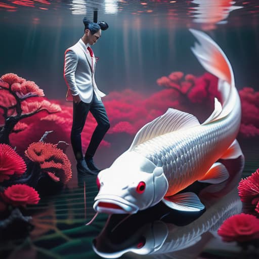  photo RAW, (Black, dark red and neon pink : Portrait of 2 ghostly long tailed white koi, woman, shiny aura, highly detailed, gold and coral filigree, intricate motifs, organic tracery, Januz Miralles, Hikari Shimoda, glowing stardust by W. Zelmer, perfect composition, smooth, sharp focus, sparkling particles, lively coral reef background Realistic, realism, hd, 35mm photograph, 8k), masterpiece, award winning photography, natural light, perfect composition, high detail, hyper realistic hyperrealistic, full body, detailed clothing, highly detailed, cinematic lighting, stunningly beautiful, intricate, sharp focus, f/1. 8, 85mm, (centered image composition), (professionally color graded), ((bright soft diffused light)), volumetric fog, trendin hyperrealistic, full body, detailed clothing, highly detailed, cinematic lighting, stunningly beautiful, intricate, sharp focus, f/1. 8, 85mm, (centered image composition), (professionally color graded), ((bright soft diffused light)), volumetric fog, trending on instagram, trending on tumblr, HDR 4K, 8K