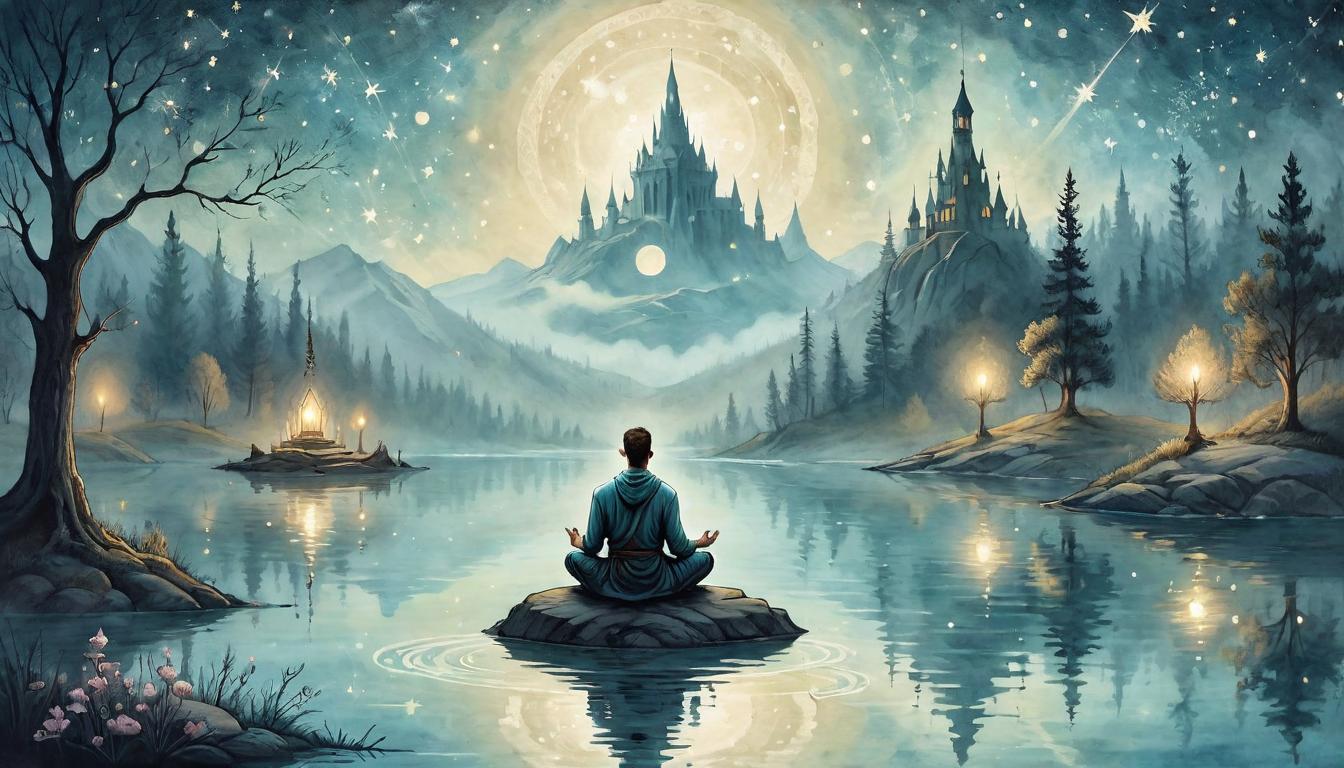  on parchment, surrealism+++, A tranquil scene of a person meditating by a still lake, surrounded by ethereal light, reflections of stars on the water, mood of peace and introspection(mysterious, provocative, symbolic,muted color)+++