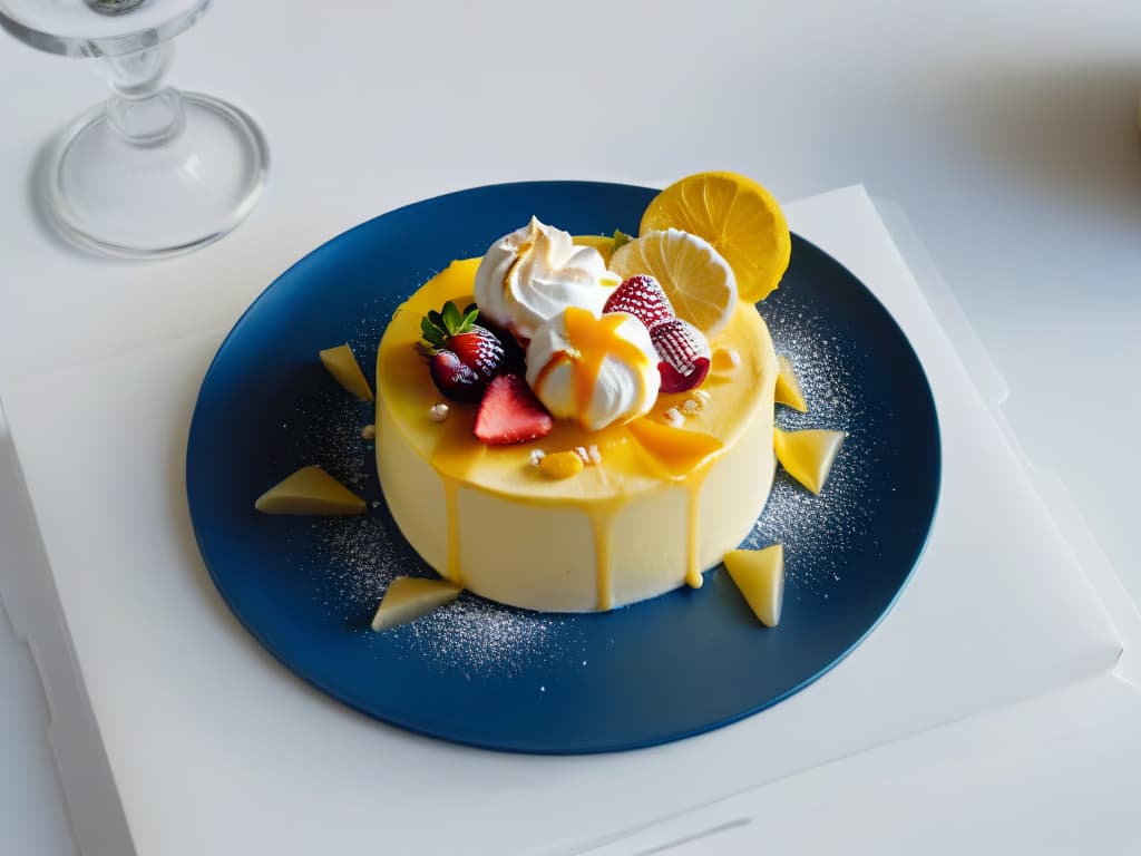  An ultradetailed, 8k image of a sleek, modern dessert presentation featuring a deconstructed lemon meringue tart. The dessert is artfully arranged on a minimalist white plate, showcasing vibrant yellow lemon curd, fluffy toasted meringue peaks, and delicate shards of goldenbrown pastry. Each component is meticulously placed, exuding elegance and sophistication. The play of light and shadow accentuates the textures and colors, creating a visually striking and mouthwatering culinary masterpiece. hyperrealistic, full body, detailed clothing, highly detailed, cinematic lighting, stunningly beautiful, intricate, sharp focus, f/1. 8, 85mm, (centered image composition), (professionally color graded), ((bright soft diffused light)), volumetric fog, trending on instagram, trending on tumblr, HDR 4K, 8K