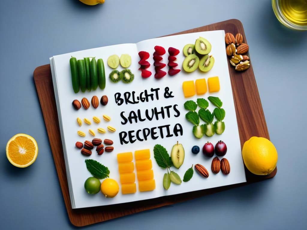  An intricately designed cookbook cover featuring vibrant fruits and nuts intertwined with elegant typography showcasing "Recetas Saludables de Repostería" in a sleek and modern style. hyperrealistic, full body, detailed clothing, highly detailed, cinematic lighting, stunningly beautiful, intricate, sharp focus, f/1. 8, 85mm, (centered image composition), (professionally color graded), ((bright soft diffused light)), volumetric fog, trending on instagram, trending on tumblr, HDR 4K, 8K