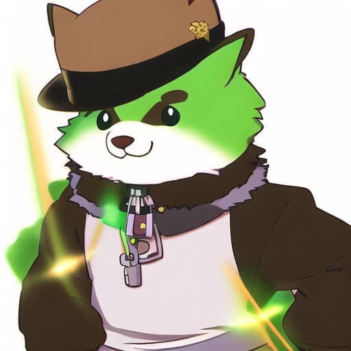  green furred shiba inu dog, white patch of fur on neck, wearing a dark brown fedora hat with a light brown strap around the hat, shooting red lazer beams from both eyes to the right, white tank top on body, money chain $ necklace around neck, green colored background