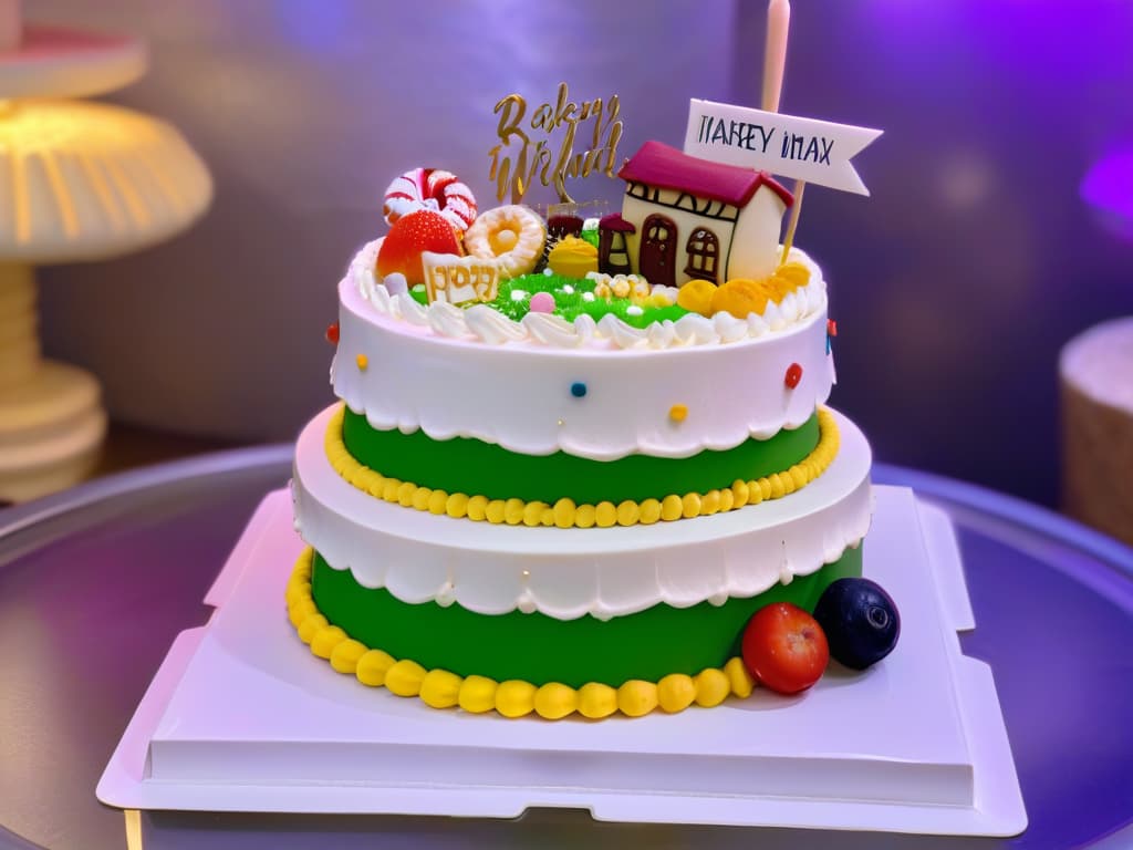  A closeup, photorealistic image of a beautifully decorated tiered cake with intricate piping details that showcase a whimsical theme of a bakery wonderland. The cake features miniature fondant figurines of smiling customers interacting with bakers in a charming pastry kitchen setting, complete with tiny ovens, rolling pins, and colorful confectionery ingredients. The overall color palette is vibrant and inviting, with pastel hues and shimmering edible glitter adding a touch of magic to the scene. hyperrealistic, full body, detailed clothing, highly detailed, cinematic lighting, stunningly beautiful, intricate, sharp focus, f/1. 8, 85mm, (centered image composition), (professionally color graded), ((bright soft diffused light)), volumetric fog, trending on instagram, trending on tumblr, HDR 4K, 8K