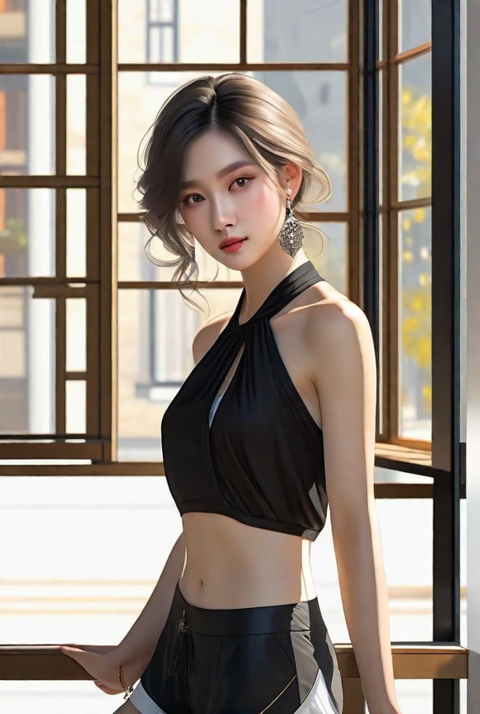  masterpiece, best quality, best quality, realistic portrait, female, delicate features,(middle hair 1.2), black shawl,(full body:1.5), see-through halter top, thin shorts, indoor, morning light, standing in front of window