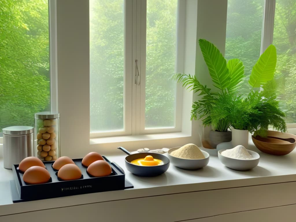  An ultradetailed image of a serene kitchen scene, featuring a sleek marble countertop with scattered baking ingredients like flour, sugar, and eggs neatly arranged in minimalist containers. A set of modern baking utensils hangs from a polished metal rack above a pristine oven, casting a soft glow on a stack of recipe books with titles like "Adaptive Baking for Wellness" and "Mindful Treats." In the background, a large window reveals a lush garden, dappled with sunlight streaming through delicate leaves, creating a sense of calm and focus in the space. hyperrealistic, full body, detailed clothing, highly detailed, cinematic lighting, stunningly beautiful, intricate, sharp focus, f/1. 8, 85mm, (centered image composition), (professionally color graded), ((bright soft diffused light)), volumetric fog, trending on instagram, trending on tumblr, HDR 4K, 8K