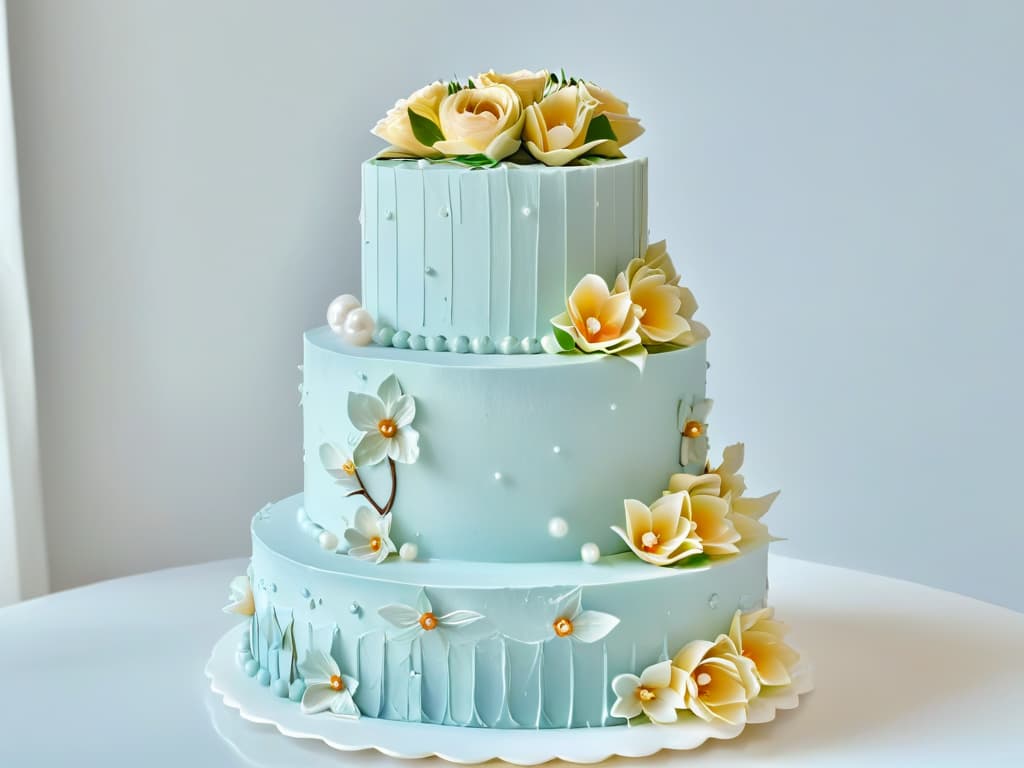  An image of a beautifully decorated threetiered wedding cake, adorned with intricate sugar flowers in pastel colors, set against a clean white background. The cake is elegantly designed with delicate piping details and shimmering edible pearls, showcasing the artistry and precision required to create stunning desserts for special events. hyperrealistic, full body, detailed clothing, highly detailed, cinematic lighting, stunningly beautiful, intricate, sharp focus, f/1. 8, 85mm, (centered image composition), (professionally color graded), ((bright soft diffused light)), volumetric fog, trending on instagram, trending on tumblr, HDR 4K, 8K