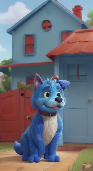  {Max the big blue dog standing in front of a cozy little house with a red door, The big blue dog is large with sky blue fur, big round eyes, a black nose, and floppy ears.