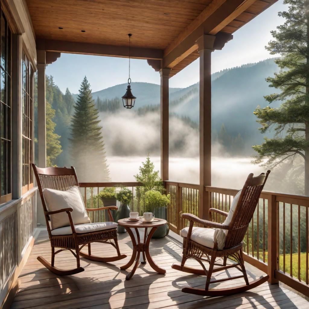  a beautiful morning scene on a porch, with a realistic view overlooking a summer home, featuring a mug of steaming hot coffee on a small table next to a cozy rocking chair hyperrealistic, full body, detailed clothing, highly detailed, cinematic lighting, stunningly beautiful, intricate, sharp focus, f/1. 8, 85mm, (centered image composition), (professionally color graded), ((bright soft diffused light)), volumetric fog, trending on instagram, trending on tumblr, HDR 4K, 8K