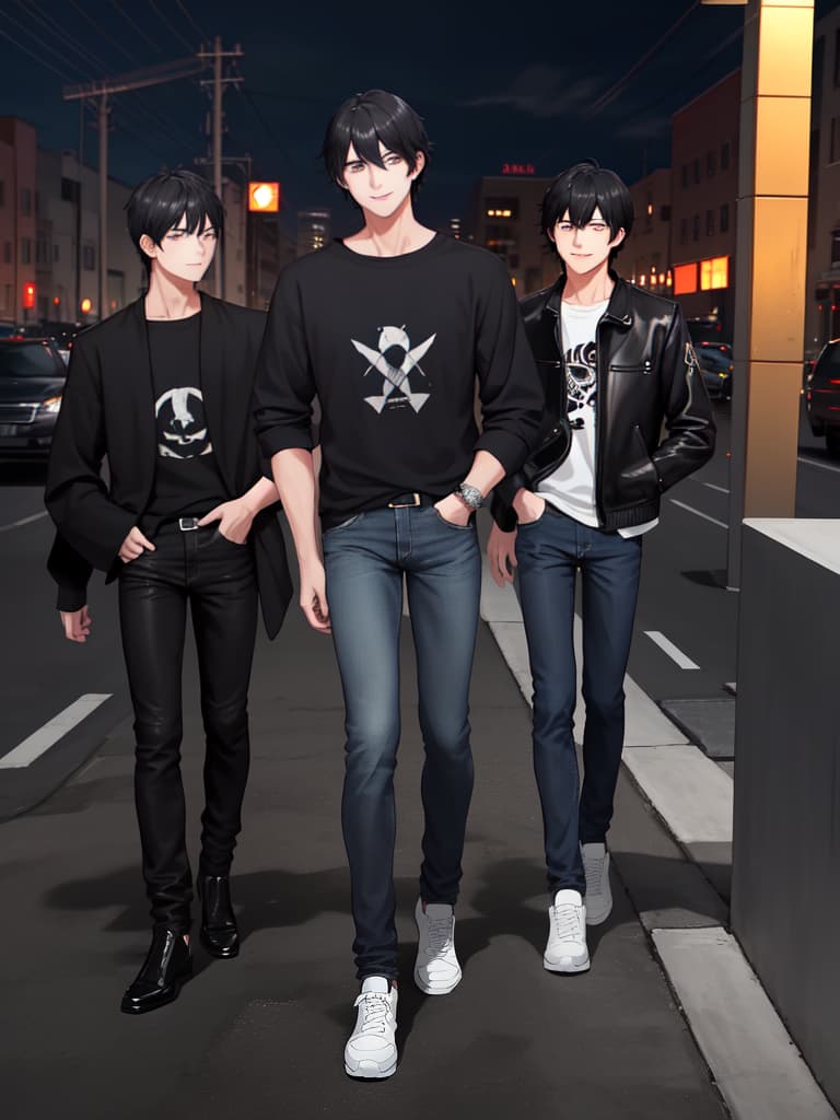  Boys, cool, night city, cool clothes, black hair short, jeans, smiles, masterpiece, best quality,8k,ultra detailed,high resolution,an extremely delicate and beautiful,hyper detail