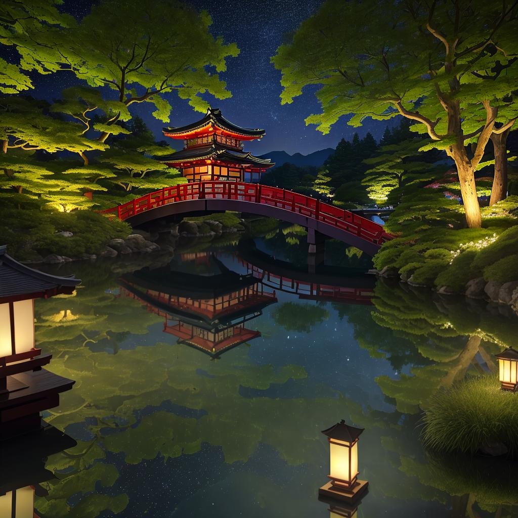  masterpiece, best quality, (Fidelity: 1.4), Best Quality, Masterpiece, Ultra High Resolution, 8k resolution, A night view inspired by Japanese art, featuring a garden illuminated by paper lanterns and a wooden bridge spanning a tranquil lake, by the lakeside, there is a small Zen temple. The water reflects the starry sky.