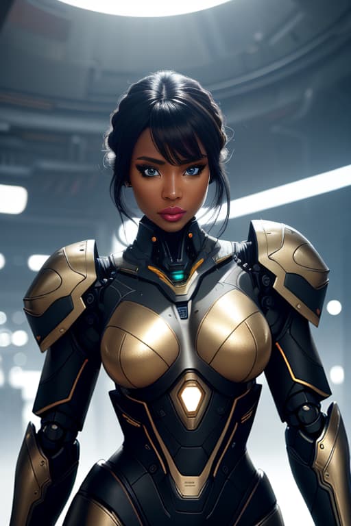 cgmech, beautiful eyes, upper body,, portrait, robot, armor, black women, african, neon light, 8K, RAW, best quality, masterpiece, ultra high res, colorful, (medium wide shot), (dynamic perspective), sharp focus , (depth of field, bokeh:1.3), extremely detailed eyes and face, beautiful detailed eyes,small breasts,(black gold, trimmed gear:1.2),(In a futuristic weapons factory:1.2), ((masterpiece, best quality)), <lora:more details:0.3> Detailed background, spaceship interior <lora:Niji:0.5> , afro hair, hyperrealistic, full body, detailed clothing, highly detailed, cinematic lighting, stunningly beautiful, intricate, sharp focus, f/1. 8, 85mm, (centered image composition), (professionally color graded), ((bright soft diffused light)), volumetric fog, trending on instagram, trending on tumblr, HDR 4K, 8K