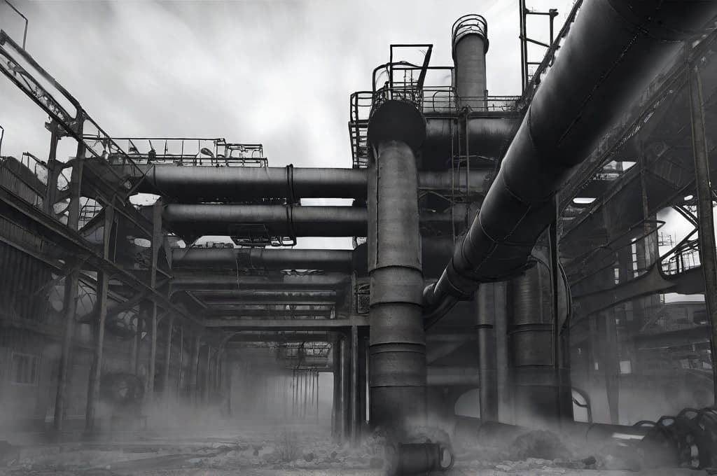  Generate a gritty, black and white industrial background with cloudy or foggy conditions, showcasing large pipes, metal sidings, and a partially dismantled or destroyed structure.