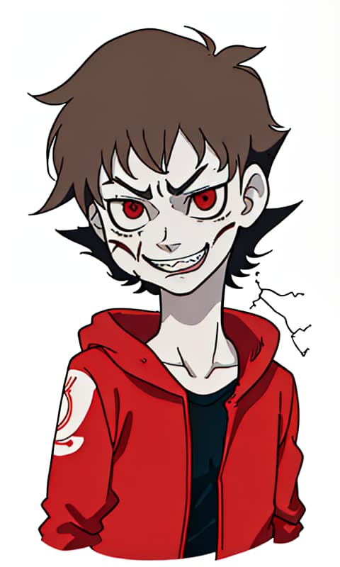  manga art, anime, a psycho guy wearing a red jacket on top of a black shirt, has red eyes and yellow scleras, has brown hair with dark lines on the bottom hair, has a shaved beard and a creepy smile, seductive , also his neck it's sliced and has points in it, (best quality), showing teeth, ova anime style