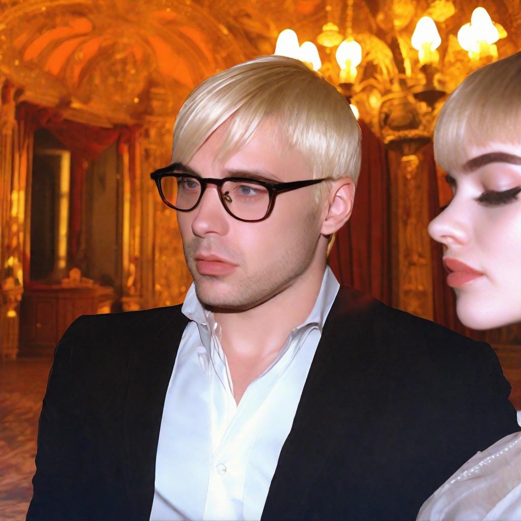  This image features a man and a woman, both with distinctive platinum blonde hair, captured in a close up shot. The man is looking slightly to his left with a focused expression. He wears glasses with a rectangular black frame, and is dressed in a black suit with a white shirt. The woman, appearing on the right side of the frame with only half of her face visible, also looks in the same direction. She has similar hair color styled in a bob, and just the edge of what seems to be a dark outfit is visible. The background of the image is ornately decorated, suggesting that the photo might have been taken in a room with classical or traditional decor. A small portion of a painting or artwork in a gold frame, featuring warm colors, is visible be