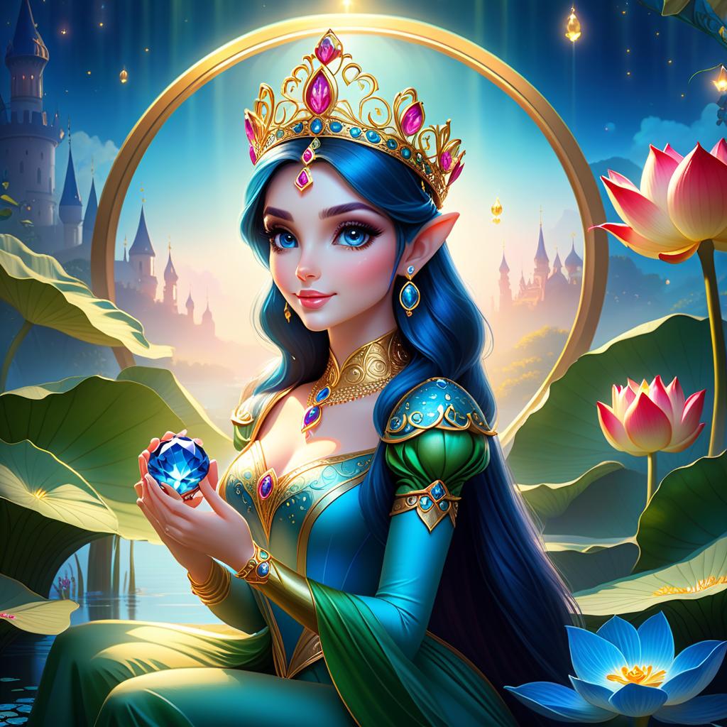  ethereal fantasy concept art of (Background): a lake with blooming lotuses of different shades: from white pink to bright crimson and leaves of tender green colour. The sky above the lake of dark blue colour with golden stars scattered on it. (Fantasy Princess Frog): in the centre of the lake on the biggest lotus flower sits a charming frog in a golden crown decorated with blue and blue precious stones. In his paws he holds a ring decorated with blue stones. Style: fantasy, Russian fairy tales, illustrations. . magnificent, celestial, ethereal, painterly, epic, majestic, magical, fantasy art, cover art, dreamy hyperrealistic, full body, detailed clothing, highly detailed, cinematic lighting, stunningly beautiful, intricate, sharp focus, f/1. 8, 85mm, (centered image composition), (professionally color graded), ((bright soft diffused light)), volumetric fog, trending on instagram, trending on tumblr, HDR 4K, 8K