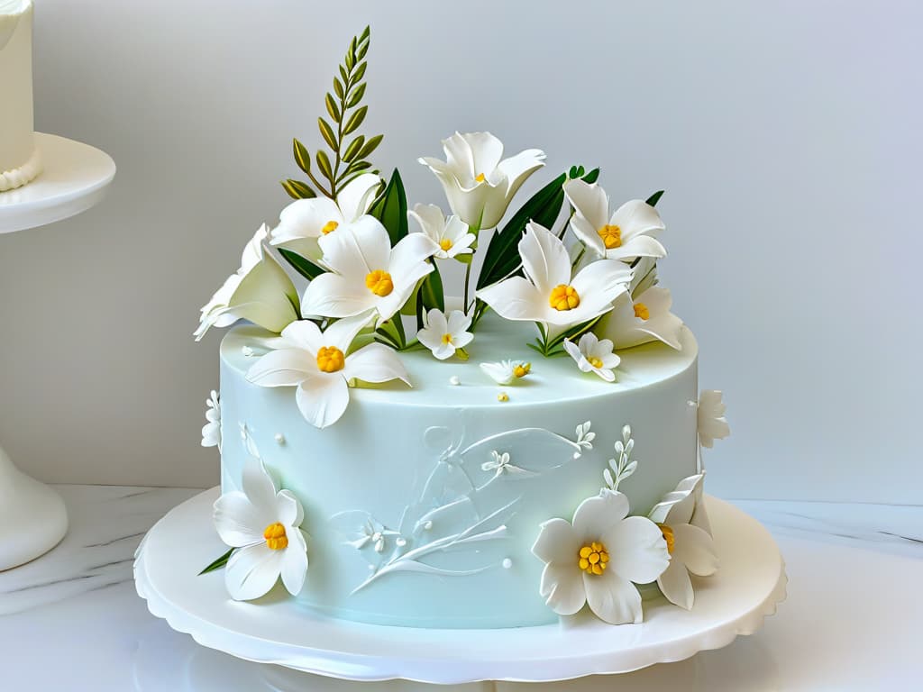  A closeup, ultradetailed image of a perfectly smooth, white fondantcovered wedding cake adorned with delicate sugar flowers, elegantly displayed on a sleek, marble cake stand. The intricate details of the fondant texture and the lifelike appearance of the sugar flowers are captured with remarkable clarity, showcasing the artistry and precision involved in creating such a masterpiece. hyperrealistic, full body, detailed clothing, highly detailed, cinematic lighting, stunningly beautiful, intricate, sharp focus, f/1. 8, 85mm, (centered image composition), (professionally color graded), ((bright soft diffused light)), volumetric fog, trending on instagram, trending on tumblr, HDR 4K, 8K