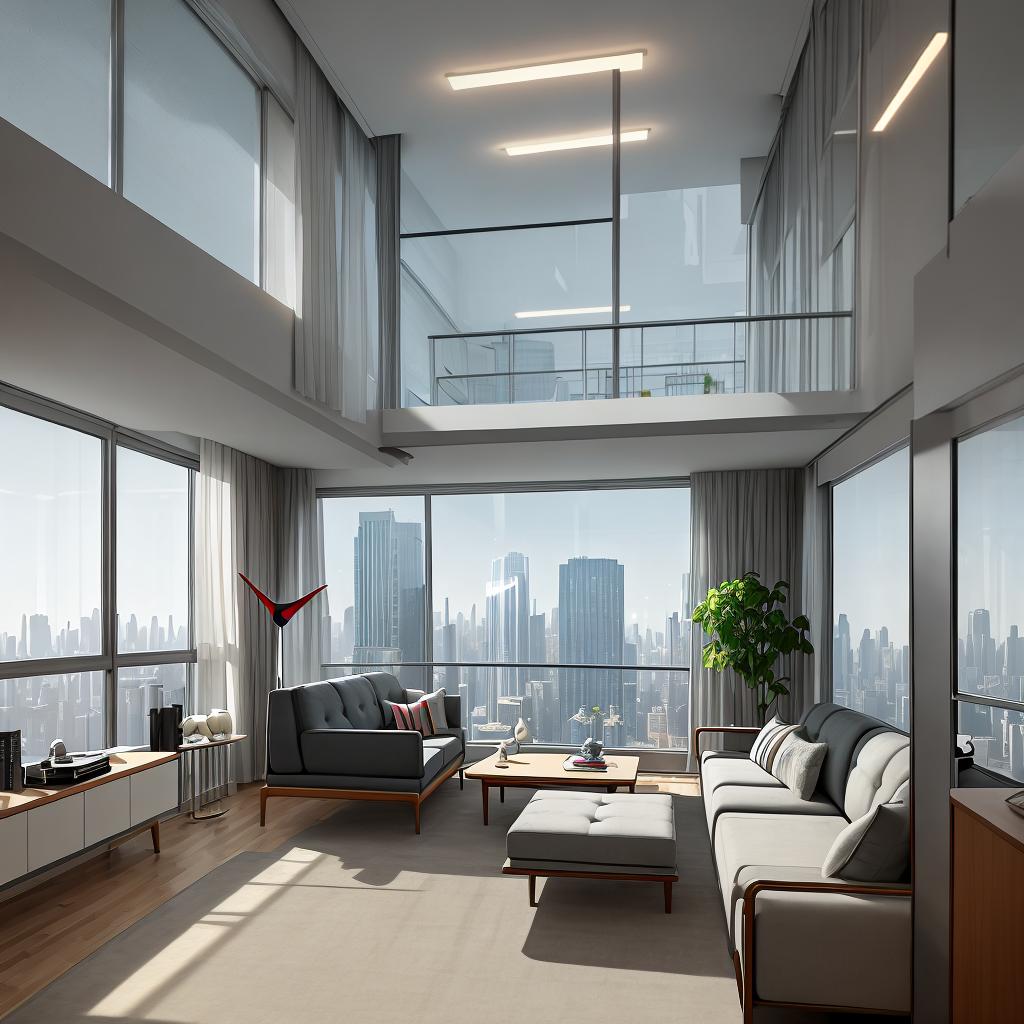  masterpiece, best quality,high resolution concept art of an apartment living room overlooking a large futuristic city with floor to ceiling windows and mid century modern furniture and a sad clown sitting on the couch cinematic lighting cgsociety,