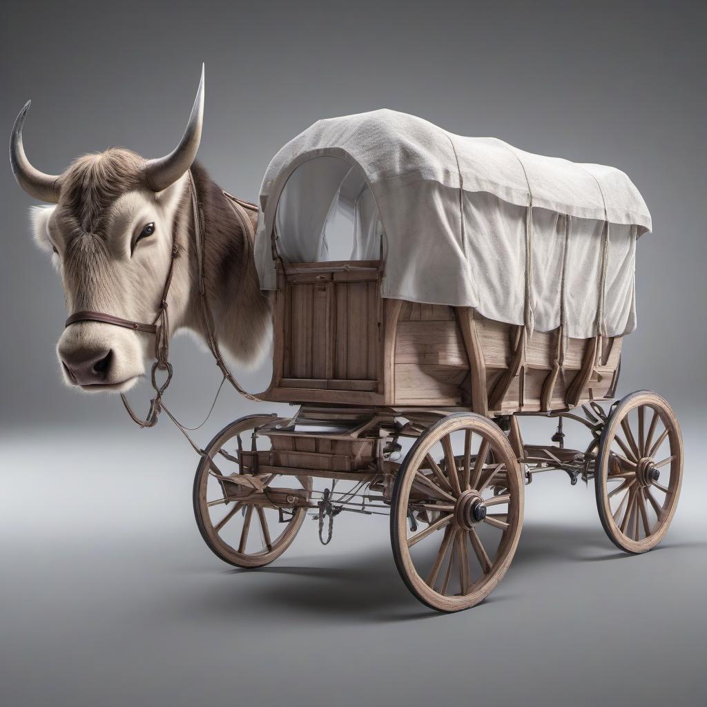  professional 3d model Draw a four wheeled, wooden, very good carriage, with a tethered white ox in the front, the ox being alive alive animal, a realistic wagon in which you can live like in a house, with a roof, very large, a moving house larger than the ox with a roof for long journeys. . octane render, highly detailed, volumetric, dramatic lighting hyperrealistic, full body, detailed clothing, highly detailed, cinematic lighting, stunningly beautiful, intricate, sharp focus, f/1. 8, 85mm, (centered image composition), (professionally color graded), ((bright soft diffused light)), volumetric fog, trending on instagram, trending on tumblr, HDR 4K, 8K